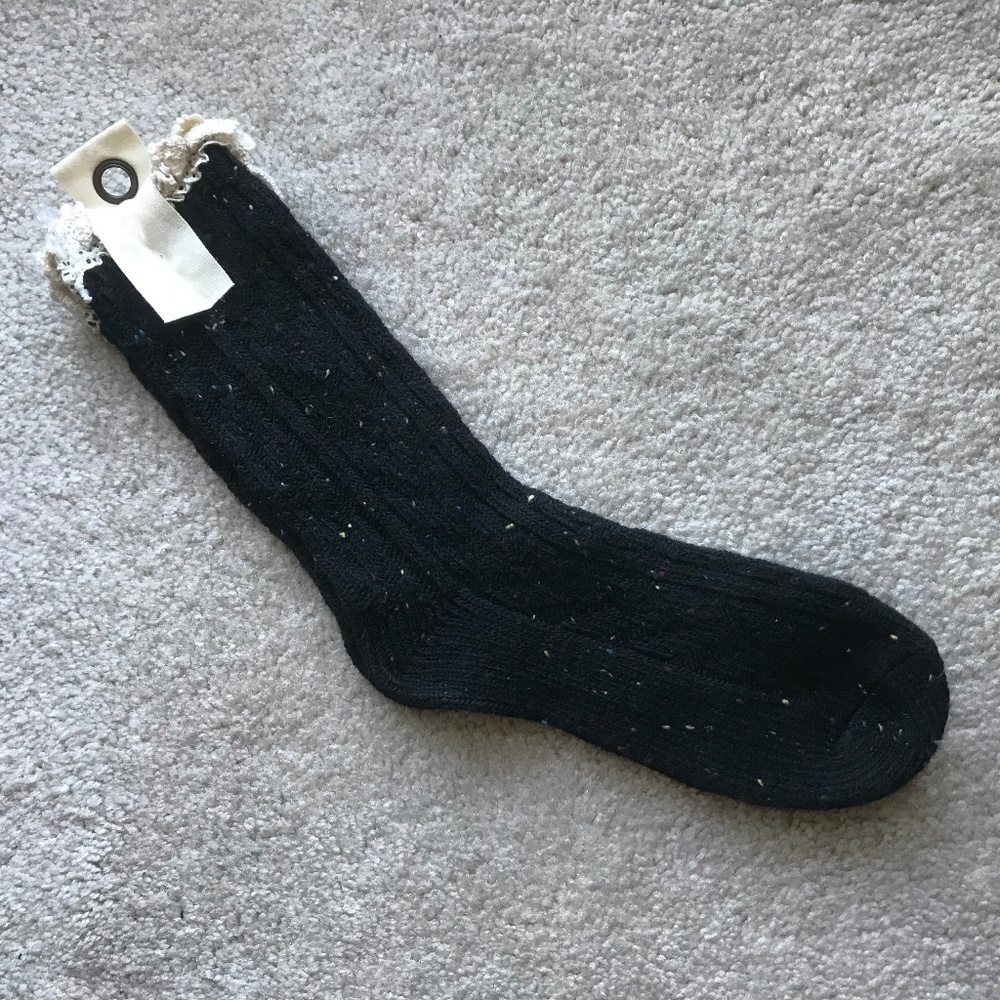 Free People Black Cable Knit Crew Sock with White Lace Trim